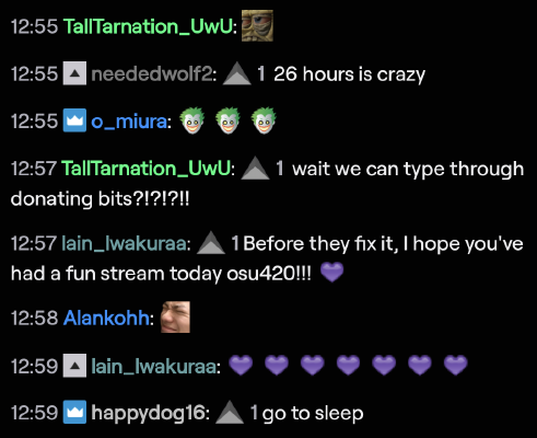 A Twitch chat screenshot showing a few members able to send text chats in emote-only mode by attaching at least 1 bit emote (a grey triangle).