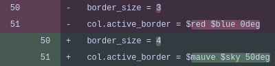 A snippet of the GitHub code editor displaying the old and new code for ProjectTaycat's Hyprland configuration file. The old code shows a window border size of 3, and a window border gradient of Catppuccin Mocha Red to Blue at 0 degrees. The new code shows a window border size of 4, and a window border gradient of Catppuccin Mocha Mauve to Sky at 50 degrees.