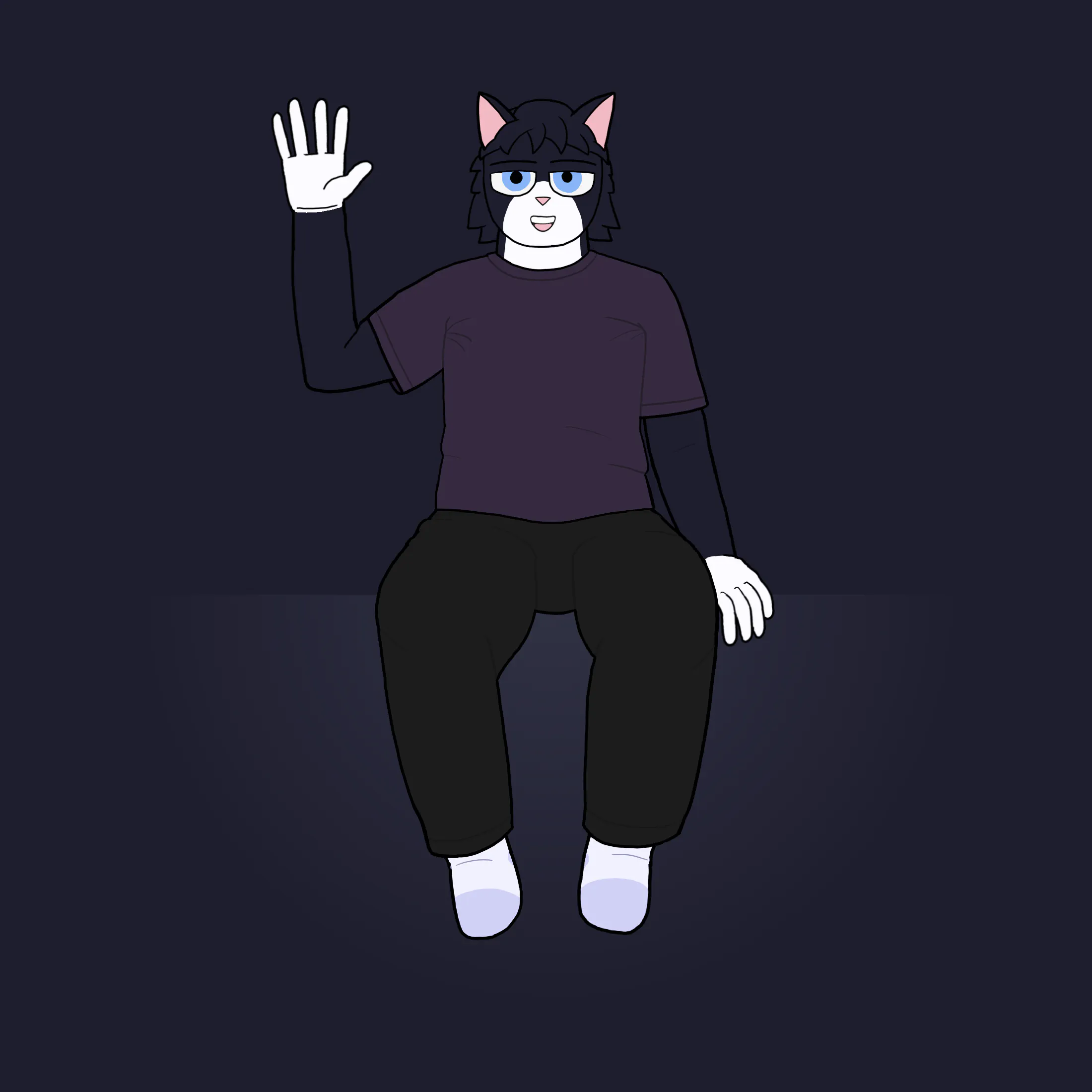 Taycat sitting down and waving at the viewer